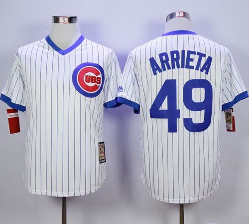 Cubs #49 Jake Arrieta White Strip Home Cooperstown Stitched MLB Jersey - Click Image to Close